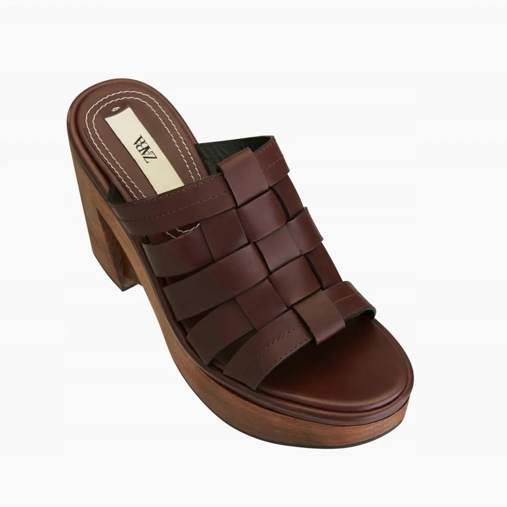 NWT. Zara Brown Unique Leather and Wood Strappy Sandals. Size 9. - Picture 3 of 7